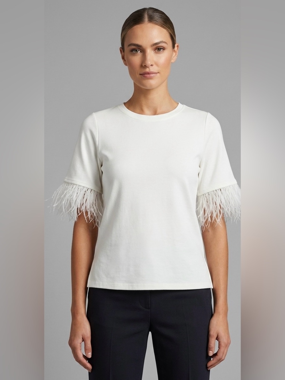 For Cynthia Off White Cream REAL Feather Trim Knit Top Crewneck Short Sleeve